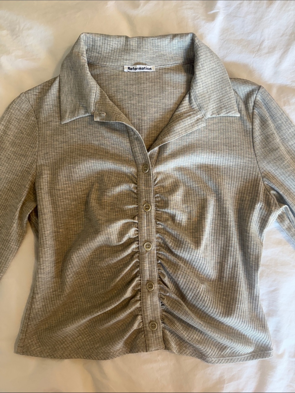 Reformation Beige Ribbed Ruched Button-Front Shirt